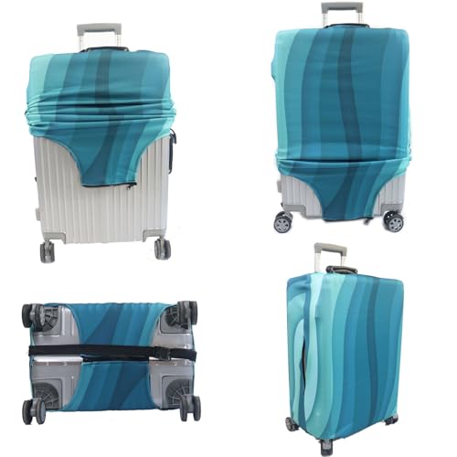 Image of MosaiRudo Thicker Luggage Cover Elastic Suitcase Cover Protector Fits 18-32 Inch Suitcase Travel Accessories, Green Ripple, L, Zipper Closurezipper Closurezipper Closurezipper Closurezipper Closure