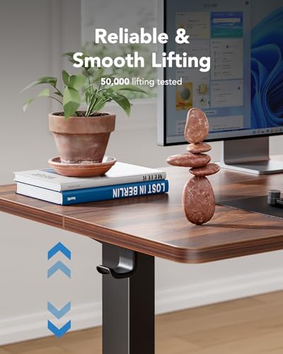 HUANUO 63" x 28" Electric Standing Desk Adjustable Height, 4 Memory Height Settings, Headphone Hook, Cable Manager, Sit Stand Up Desk for Home Office & Computer Workstation, Walnut