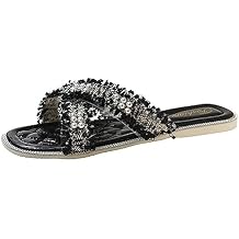AMAZIDEAL Womens Pearls Decor Crossover Strap Open Toe Flat Slide Sandals,Fashion Boho Studded Casual Beach Non-Slip Walking Slide