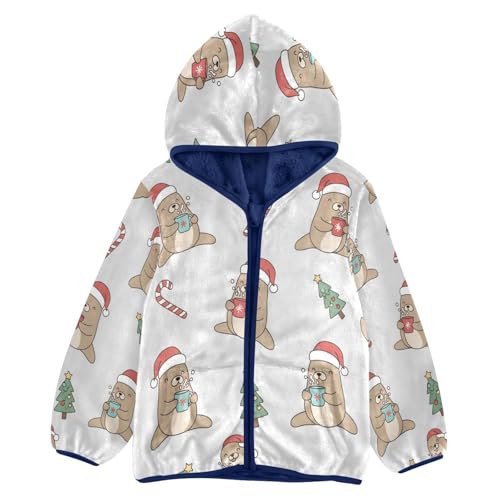 Christmas Otters with Candy Canes Toddler Fleece Jacket Girl Boys Hooded Fleece Jacket Coat Warm Outwear Zip-up 3-10T
