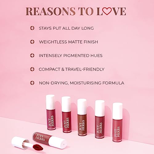 Just Herbs Organic Liquid Lipstick Kit Set Of 5, Hydrating & Lightweight Lip Color - Paraben & Silicon Free - 1.6 Fl Oz. (Deeps & Reds) #TOP2