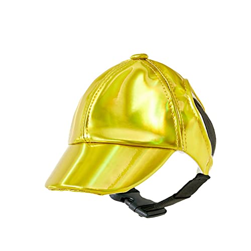 HDKUW Dog Cap, Dog Baseball Outdoor Cap with Ear Holes, Adjustable Summer Travel Sport PU Sun Helmet Shiny Hat for Small Medium Dogs Yellow XL