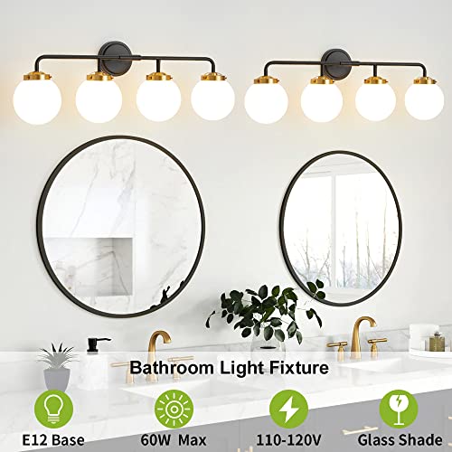 Image of Bathroom Light Fixtures 30.7in 4-Light Black Gold Vanity Lights for Mirror | Bathroom Lighting Fixtures over Mirror, ETL, Brushed Brass Wall Sconce, Dimmable E12 Base Max 60W, Milky Glass Ball Shades