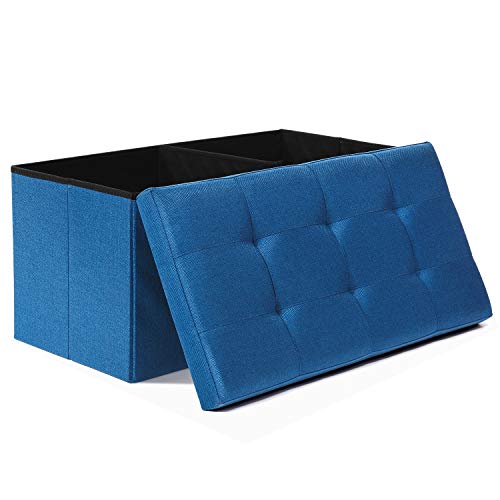 WoneNice Linen Folding Storage Ottoman Bench, Storage Chest Footrest Padded Seat, 30 x 15 x 15 Inches (Linen Navy)