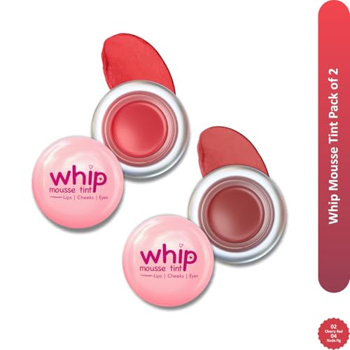 Image of Glam21 Whip Mousse Tint 3-in-1 | Lip, Cheek & Eye Tint | Vitamin E, Jojoba Oil & Shea Butter | Waterproof, Long-Lasting, Highly Pigmented | Lightweight Travel-Friendly Makeup | 4gm Each | Combo Pack Of 2 (Cherry Red&Nude Fig)