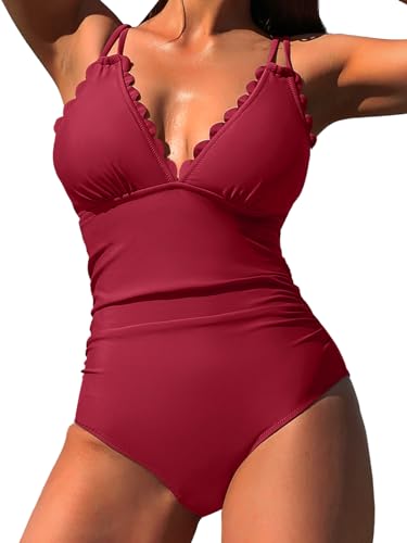 SOCIALA Scalloped One Piece Swimsuit Women Ruched Tummy Control Bathing Suit Cut Out Monokini Swimwear