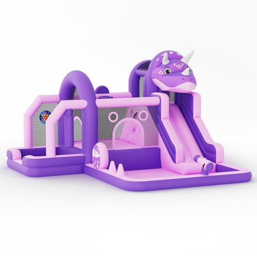 Grand Château Gonflable pour Enfants en Forme de Dinosaure, Structure Gonflable avec Souffleur, Toboggans, Piscine pour Enfants, Trampolines, Mur d'escalade...