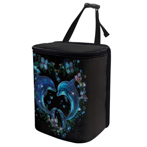 Image of Talayituse Dolphin Flower Heart Print Car Trash Can with Lid, Leak Proof Auto Trash Bag Hanging Vehicle Garbage Can Multipurpose Storage Container for Back Seat Road Trip