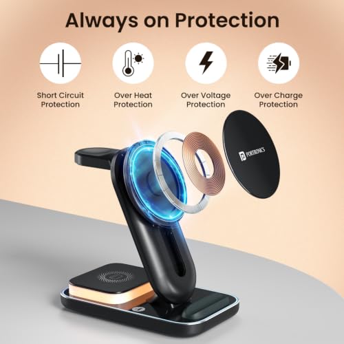 Image of Portronics TriCharge Ultra 3-in-1 Wireless Charger for iPhone, Android, Smartwatch & Earbuds, 15W Qi Fast Charging, Sliding Height Adjustment, Touch Control Light, Type-C Connectivity, (Black)