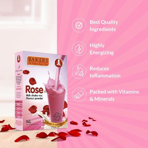 Image of BAKERS Milk Shake Mix Powder - Rose Flavor Pack of 4, Each 100g (400 Gram) | Instant Thick & Creamy Shake Mix | Rich & Delicious Dessert Drink | Ready to Mix with Milk | No Preservatives |Ready in 30 Sec