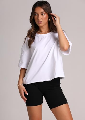 XIEERDUO Cotton Tshirts for Women Drop Shoulder Round Neck Oversized Crop Tops Workout Tops Tees2
