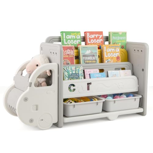 COSTWAY Bibliothèque Enfant en HDPE avec Forme Voiture & 2 Boîtes, Étagère à Livres à 3 Niveaux avec roulettes Décoratives, Meuble de Rangement Jouet...