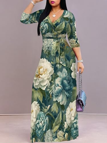 Image of Plus Size Dresses for Women Floral Print Maxi Dress Flowy 3 /4 Sleeve with Belt