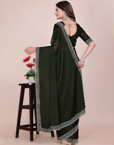 Image of SIRIL Women's Georgette Hot Fixing Stone Work Saree with Unstitched Blouse Piece
