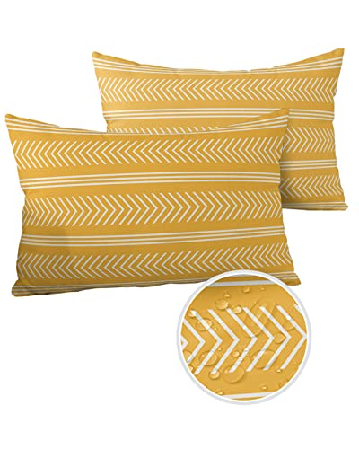 Edwiinsa Outdoor Pillow Covers Waterproof, Yellow Arrrow All Weather Cushion Case Set of 2, Geometric White Line Yellow Lumbar Pillowcase for Sofa Couch Bed Decor Patio Furniture 20