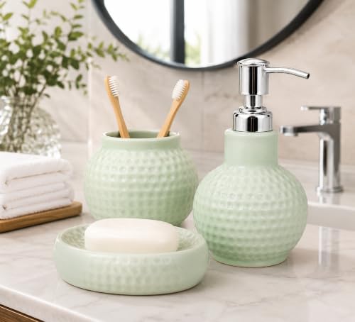 Image of Quace Ceramic Bathroom Accessories Set of 3, Soap Dispenser, Toothbrush Holder & Soap Dish, Modern Bathroom Decor Set for Wash Basin, Vanity Counter & Home Bathroom (Sage Green)