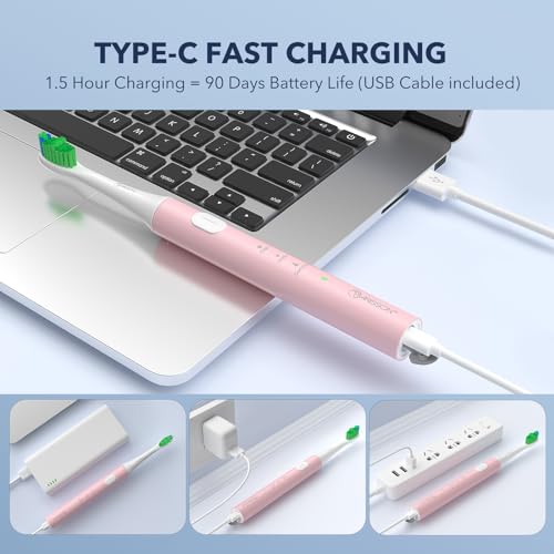 Image of ARISSON Electric Toothbrush for Adults and Teen, Travel Sonic Toothbrush with 4 Duponts Brush Heads, 1.5H Fast Charge for 90 Days, 40,000 VPM Rechargeable Toothbrushes, White on Baby Pink