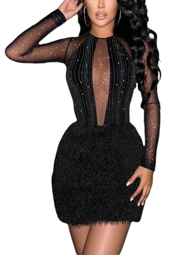 SweatyRocks Partykleid Damen Glitzer Minikleid Silvester Outfit Glitzerkleid Sexy Mesh Kleid Langarm Kleider Mit Fellbesatz Winterkleider Abendkleid...