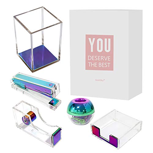 Multibey Clear Acrylic Office Supplies Desk Organizers, 5 in 1 Desktop Organization Accessories Set of Pen Holder Stapler Paper Clips Sticky Notes Pad Holder Tape Dispenser (Colorful)
