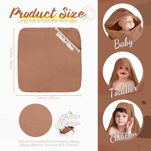Image of Preboun 6 Pcs Muslin Hooded Baby Towels and Washcloths 32 inchx 32 inch Cotton Newborn Bath Towel Anti-Shrink Infant Baby Blankets with Hood 12 inchx 12 inch Washcloths for Girl Boy Toddler(Grey,Coffee)
