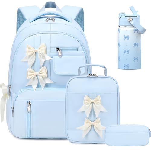 Bevalsa Backpack for Girls, Bow Backpack with 14OZ Insulated Water Bottle