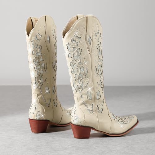Image of LingxiaUne White Cowboy Boots for Women, Cowgirl Boots Comfortable Chunky Heel Rhinestone Wedding Boots Trendy Vintage Tall Glitter Boots with Embroidery for Daily Wearing| Party Size8