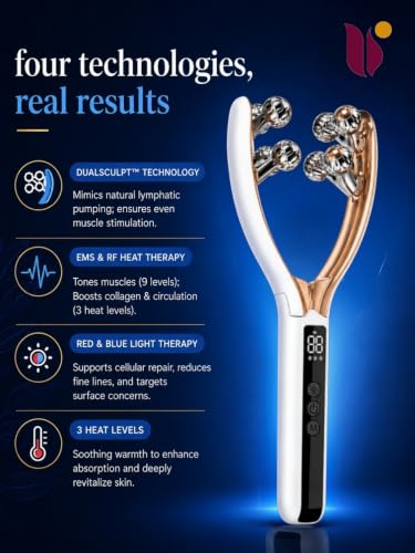 Image of 4-in-1 EMS Jawline Massager with RF Heat, Red & Blue Light Therapy | Electric V Face Sculpting Roller for Double Chin, Jawline, Neck & Face | Rechargeable Facial Gua Sha Roller