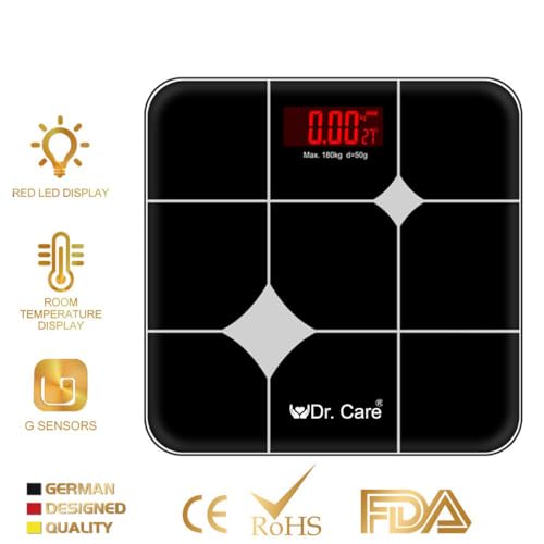 Image of Dr. Care Hesley Digital Bathroom Scale for Body Weight | 180kg Capacity, LED Display, Black with Red Backlight | Precision Weight Machine for Personal Use | Stylish and Durable Design