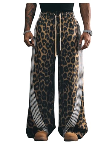 GORGLITTER Men's Cheetah Leopard Print Jeans Striped Baggy Sweatpants Wide Leg Drawstring Track Pants with Pockets Brown White Black Large