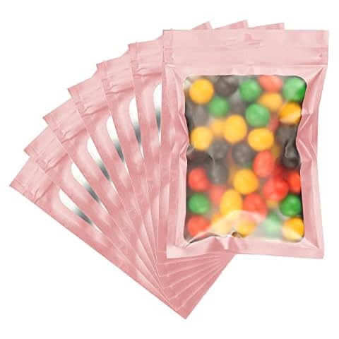 100 PCS Smell Proof Mylar Bags 4 x 6 Inch Resealable Odor Proof Bag with Clear Window Packaging Foil Pouch for Food Storage Herbs Snack Cookie Small Gadgets - Pink Cover