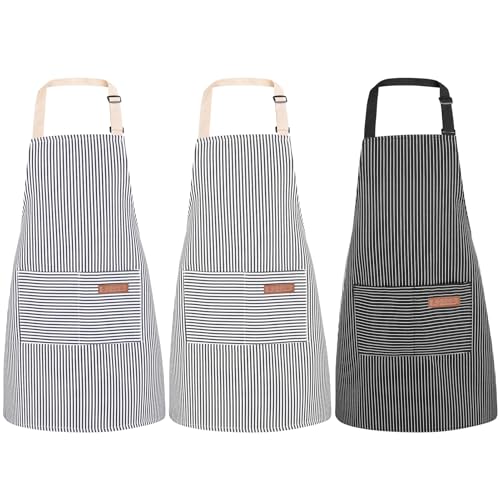 XLSXEXCL 3 Pack Stripes Kids Apron, Adjustable Kids Cooking Aprons with 2 Pockets, Cute Kitchen Chef Baking Aprons for Boys and Girls for Cooking, Cleaning, Painting (Black, blue, grey, 45x50cm)