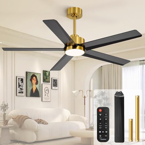 Image of Conciseer 52 Inch Ceiling Fans with Lights and Remote for Bedroom Living Room Kitchen Office, Indoor /Outdoor Use, 3CCT Dimmable, 5 Blades 6 Speed Reversible Quiet DC Motor, Gold /Black