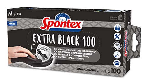 Spontex Extra Black Einmalhandschuhe aus Vinyl, ungepudert und latexfrei, vielseitig einsetzbar, in praktischer Spenderbox, Größe M, 100er Pack, schwarz