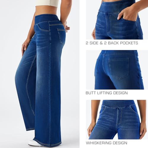 Women's High Rise Wide Leg Jeggings - Stretch Pull On Jeans-Style Pants, Soft Denim with Pockets3