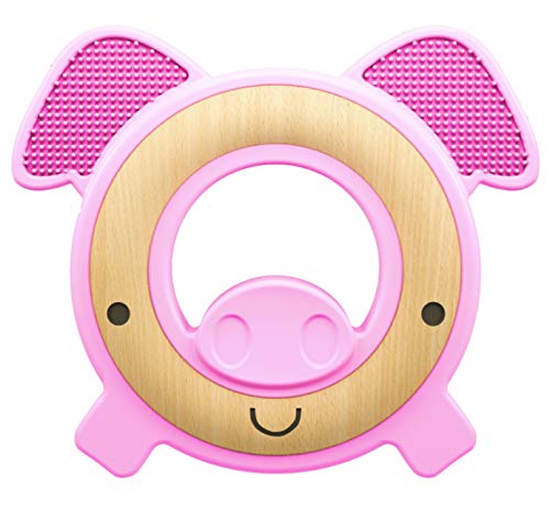Nuby Natural Wood & Silicone Teether: Pig, 3M+, Pink (80803)