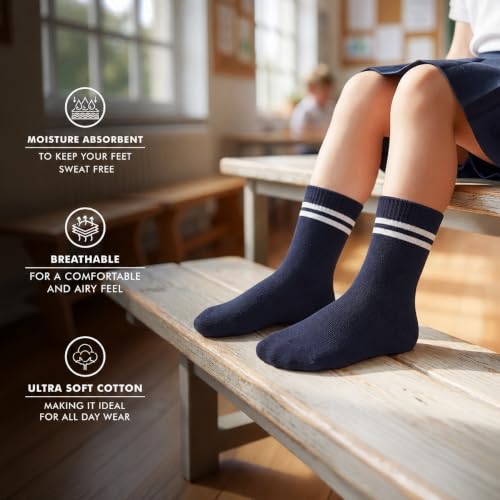 Image of Supersox Regular School Uniform Socks for Kids | Navy Colour-White Stripe | Combed Cotton, Breathable, Moisture Absorbent & Anti Odour | Extra Durable Welt for All-Day Comfort | Pack of 5