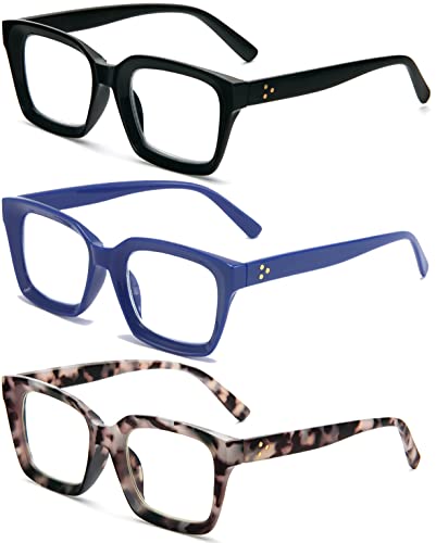 Image of REAVEE 3 Pack Oversized Reading Glasses for Women Men Blue Light Blocking, Ladies Stylish RetroSquare Large Computer Readers (Black Blue Grey Leopard 1.25x)