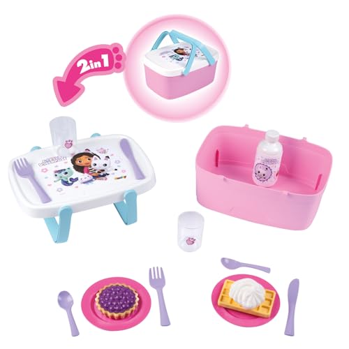Smoby - Cesta de Picnic 2 en 1 Gabby y la Casa Mágica - Se transforma en una Mesa Auxiliar - Incluye 14 Accesorios - A Partir de 3 años - Fabricada en Francia