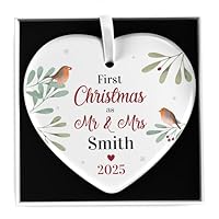 First Christmas As Mr and Mrs Decoration Bauble, Personalised 1st Xmas Married Ceramic Tree Ornament, 1st Wedding Gift, Christmas Robin Couples Decoration, With Gift Box