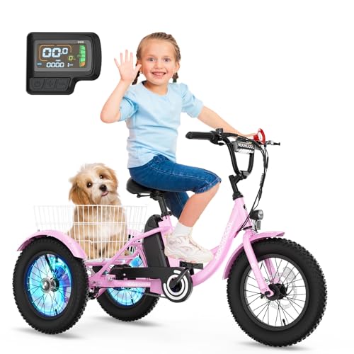 NAIZEA Electric Kids Bike - 16 inch Kids Trike for Boys Girls Age 6-12, e Bike for Children 250W, Kid Balance Bike with Adjustable Seat,Kid's Bikes with Basket, Children Bicycle Multiple Colors