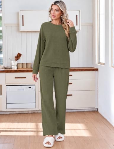 Ekouaer Lounge Sets for Women Textured Corduroy Long-Sleeve Top and Pants | Textured Corduroy, Relaxed Crew-Neck Top, Cuffed Sleeves, Wide-Leg Pants with Drawstring Waist and Side Pockets - image 4