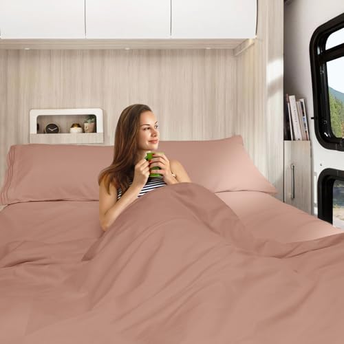Image of Nestl Blush Pink Short Queen Sheets for RV, Hotel Luxury RV Queen Sheets Set, 4 Piece Fitted Bed Sheet Set and Pillowcases, Super Soft, Wrinkle-Free, and Breathable Camper Bedding