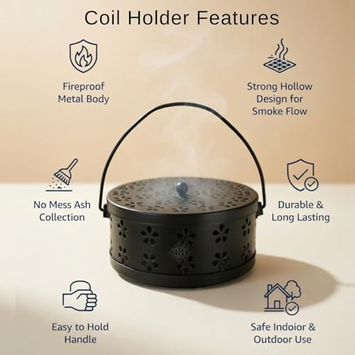 Image of DSH Metal Mosquito Coil Holder with Lid & Handle Ash Catcher Stand for Mosquito Coil Indoor Outdoor Safe Use (Black)