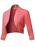 SSOULM Women's 3/4 Sleeve Open Front Bolero Shrug Cardigan Coral S