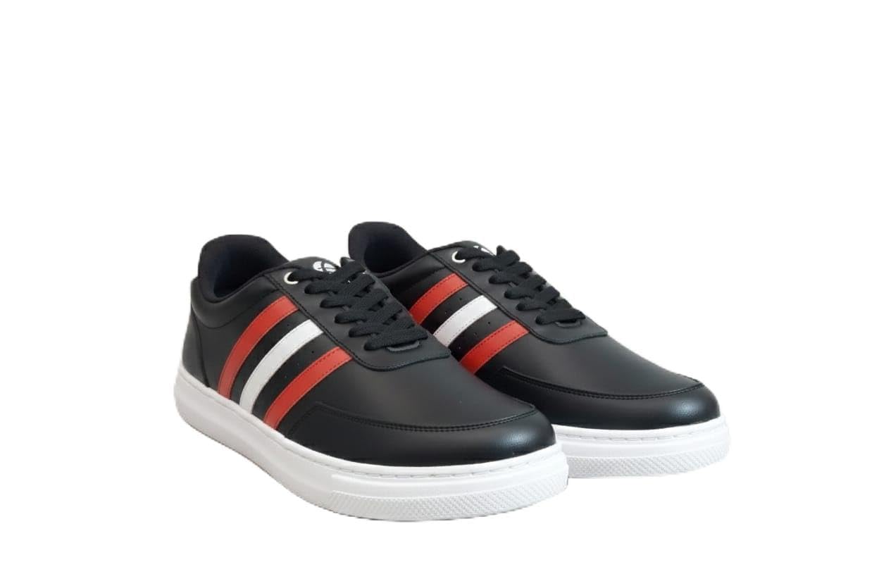- Stylish Black Sneakers with Red and White Stripes, Classic Athletic Design, Lace-up Casual Sports Shoes, Comfortable Platform Sole
