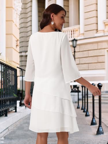 Image of Seta T Women's Chiffon Dresses 3 /4 Bell Sleeve Crewneck Tiered Layered Flowy Dress Party Wedding Outfits