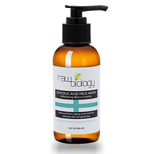 Raw Biology Face Wash GLYCOLIC ACID exfoliating pore cleanser, skin brightener and wrinkle control.