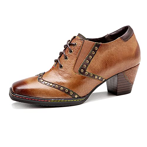 CrazycatZ Leather Pumps,Womens Colorful Vintage Block Heel Pumps Oxford Shoe4