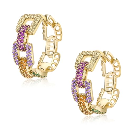 Metmolley Colorful Crystal Hoop Earrings for Women Multicolored Crystal Cubic Zirconia Chunky Round Hoop Earrings Fashion Jewelry Gifts for Her Wife Mom(Goldmulticolor)