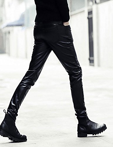 Men`s Stretchy 5 Pockets Biker Faux Leather Jeans Skinny Pants2